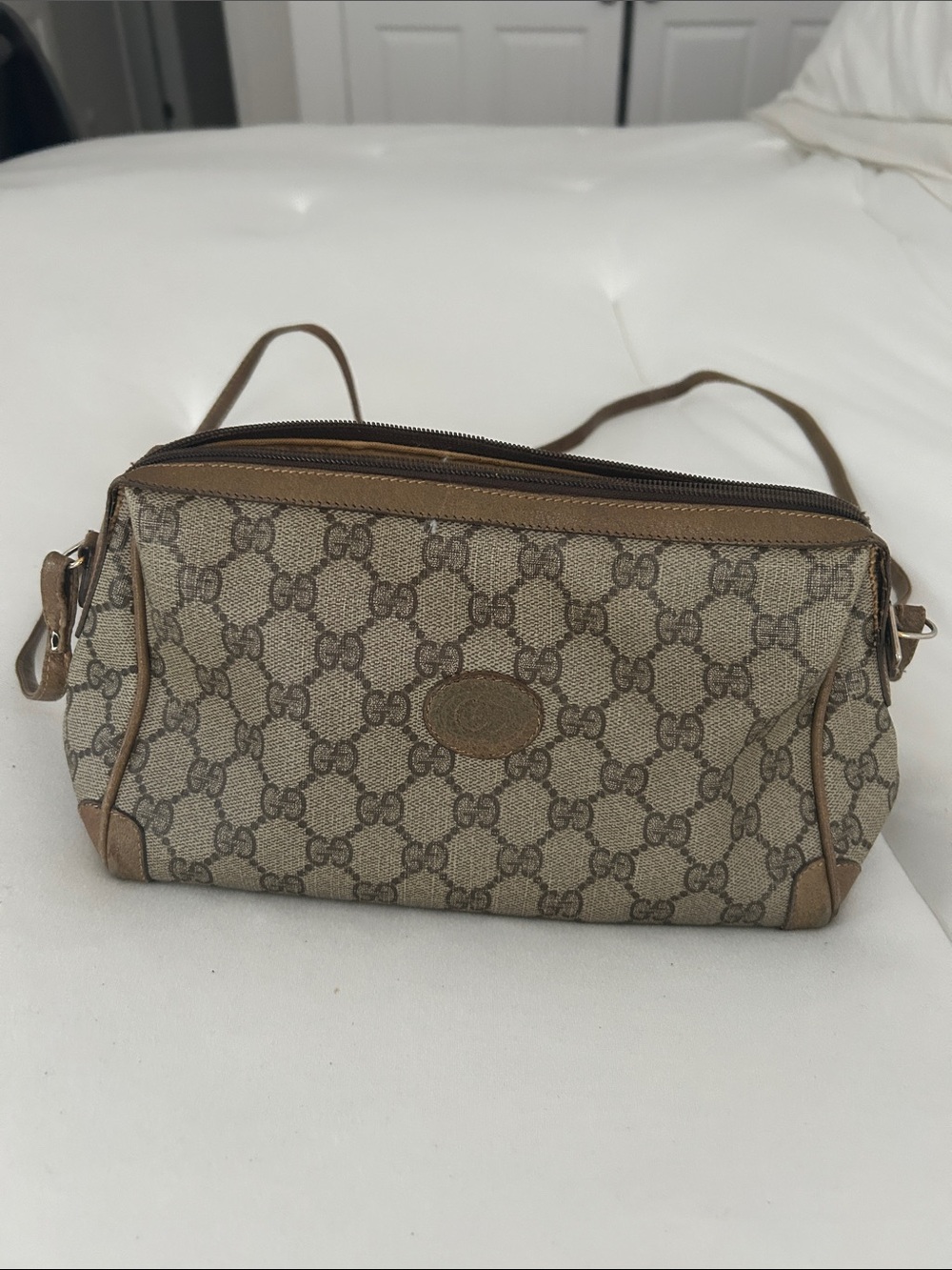 Gucci Beige Monogram Canvas Crossbody with Brown Leather Trim